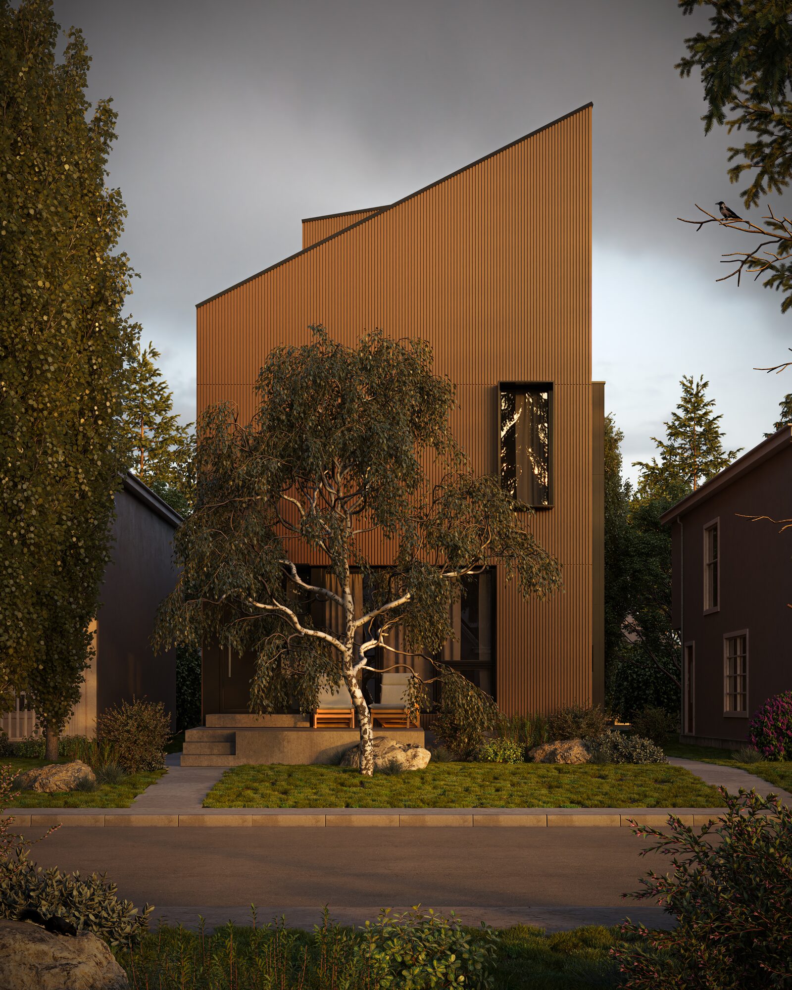 Ramsay Quintet, a five-home missing middle development in Calgary's Ramsay by Anonymous Architecture, seen from the street at dusk