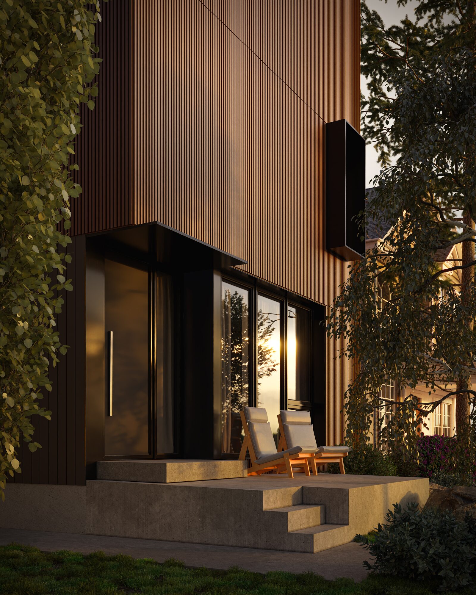 Ramsay Quintet entry detail with a covered doorway, concrete stoop and seating beneath warm ribbed cladding, Ramsay, Calgary